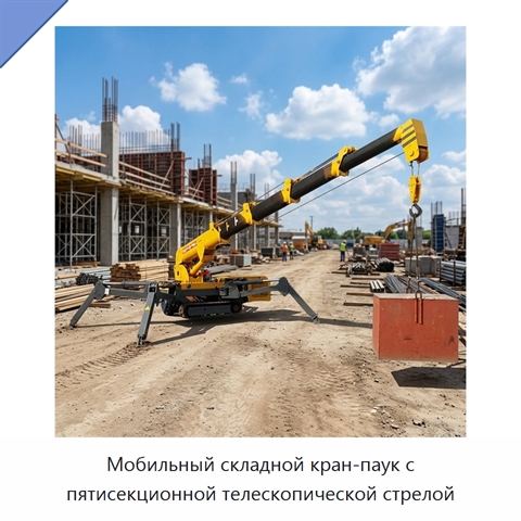 Мобильный складной кран-паук с пятисекционной телескопической стрелой