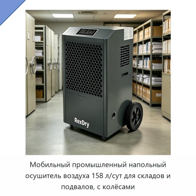 Мобильный промышленный напольный осушитель воздуха 158 л/сут для складов и подвалов, с колёсами — Воздухоочистительное оборудование