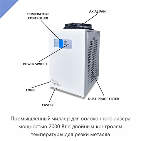 Промышленный чиллер для волоконного лазера мощностью 2000 Вт с двойным контролем температуры для резки металла