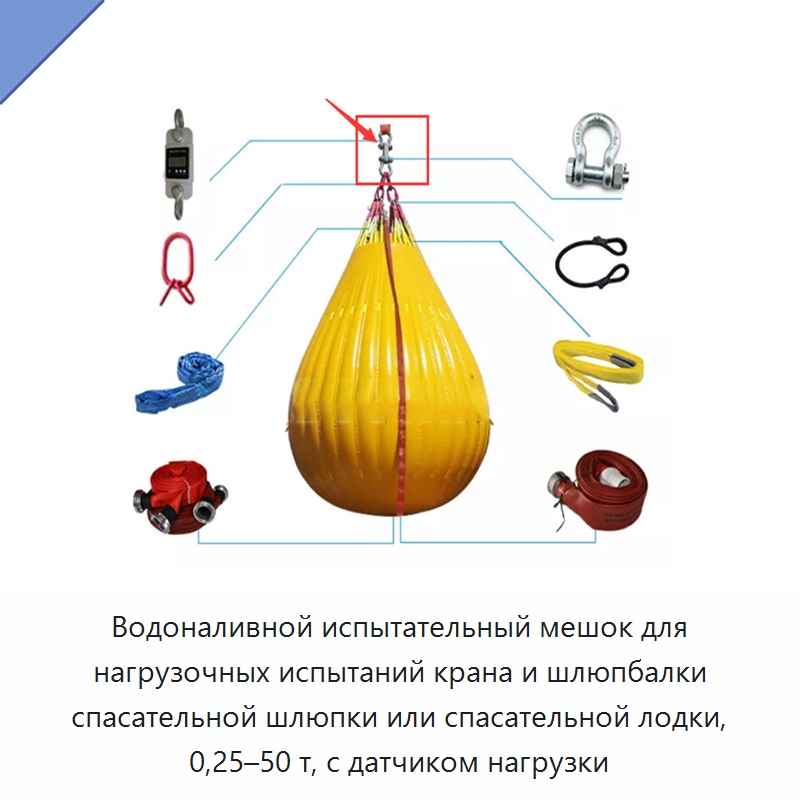 Водоналивной испытательный мешок для нагрузочных испытаний крана и шлюпбалки спасательной шлюпки или спасательной лодки, 0,25–50 т, с датчиком нагрузки — Специальные водно-спасательные средства
