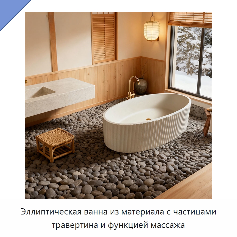 Эллиптическая ванна из материала с частицами травертина и функцией массажа — Ванны и гидромассажные ванны