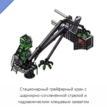 Стационарный грейферный кран с шарнирно-сочленённой стрелой и гидравлическим клещевым захватом