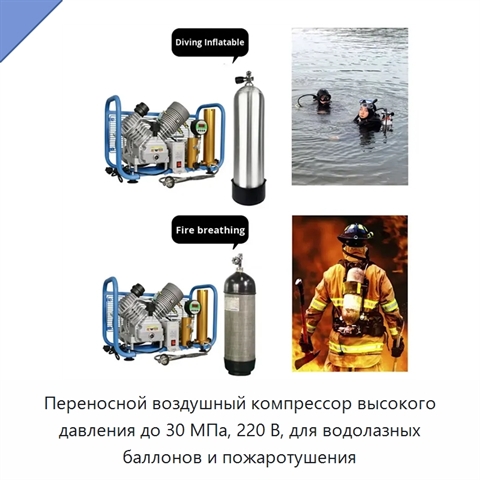 Переносной воздушный компрессор высокого давления до 30 МПа, 220 В, для водолазных баллонов и пожаротушения