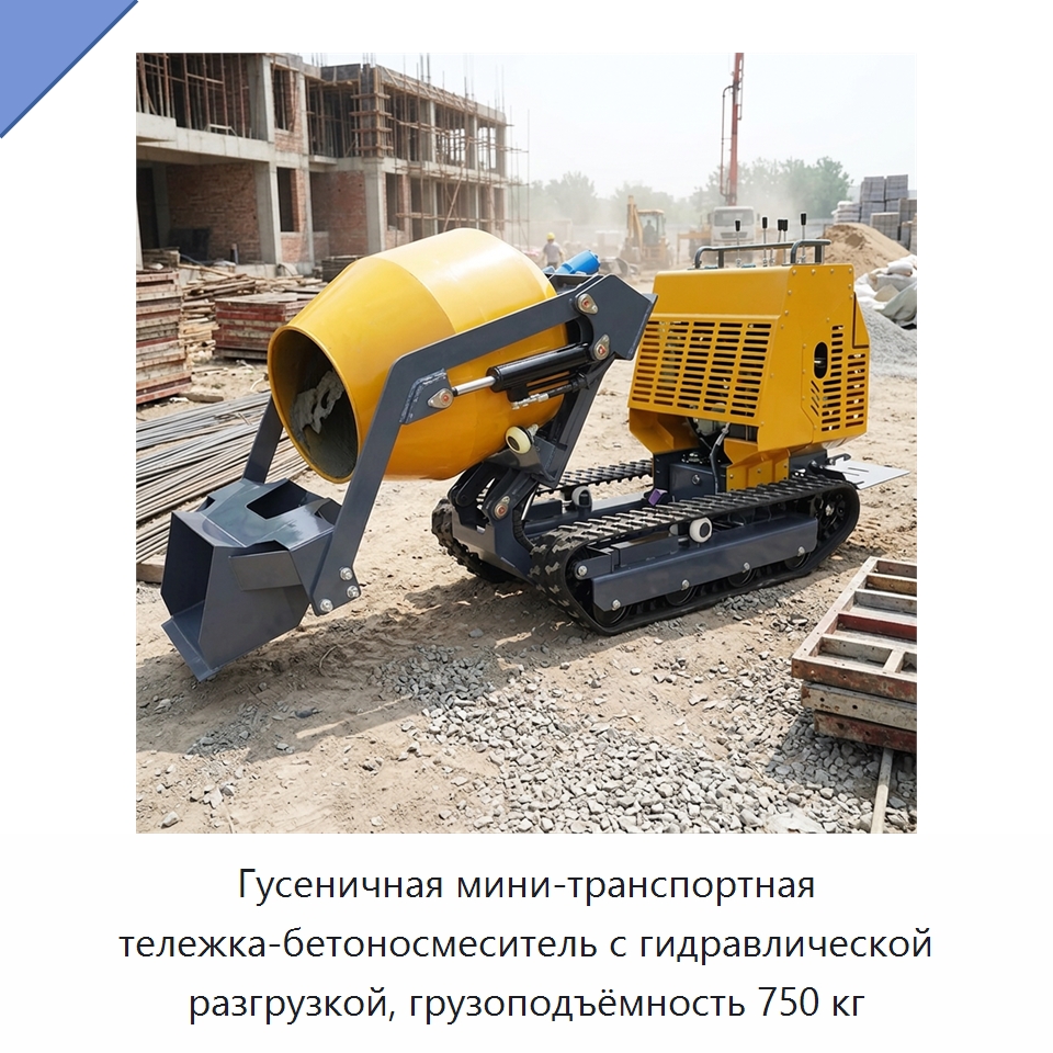 Гусеничная мини-транспортная тележка-бетоносмеситель с гидравлической разгрузкой, грузоподъёмность 750 кг — Оборудование для работы с бетоном