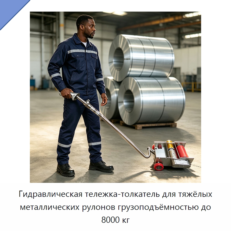 Гидравлическая тележка-толкатель для тяжёлых металлических рулонов грузоподъёмностью до 8000 кг — Комплектующие для подъемно-транспортного оборудования
