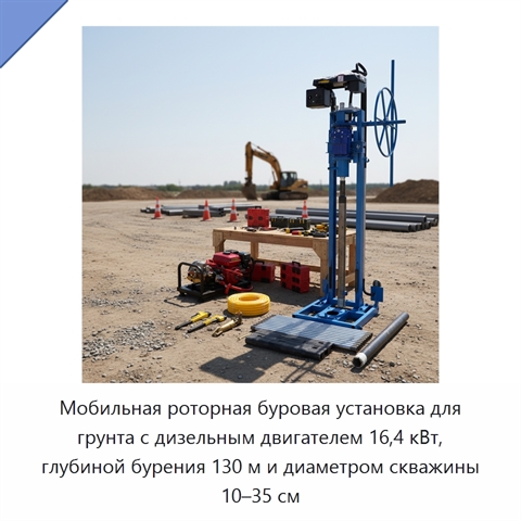 Мобильная роторная буровая установка для грунта с дизельным двигателем 16,4 кВт, глубиной бурения 130 м и диаметром скважины 10–35 см