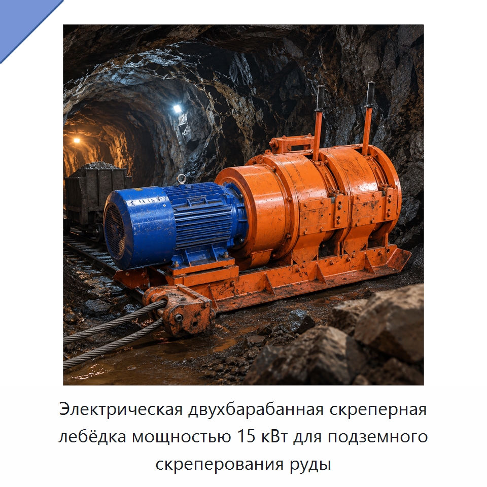 Электрическая двухбарабанная скреперная лебёдка мощностью 15 кВт для подземного скреперования руды — Электролебедки