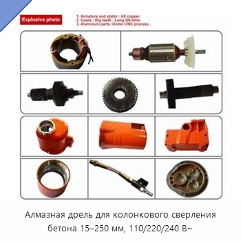 Алмазная дрель для колонкового сверления бетона 15–250 мм, 110/220/240 В~