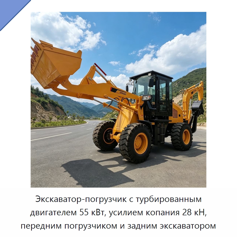 Экскаватор-погрузчик с турбированным двигателем 55 кВт, усилием копания 28 кН, передним погрузчиком и задним экскаватором — Специальные машины и промышленное оборудование