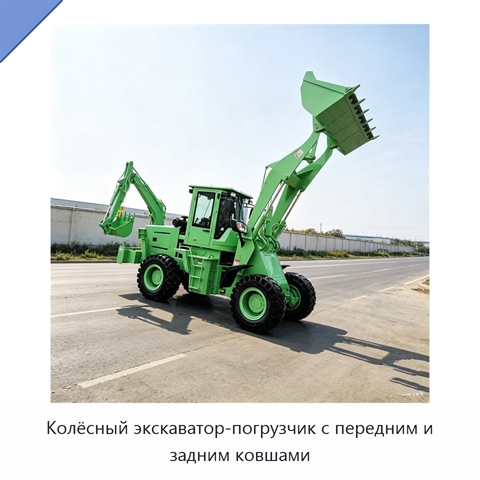 Колёсный экскаватор-погрузчик с передним и задним ковшами