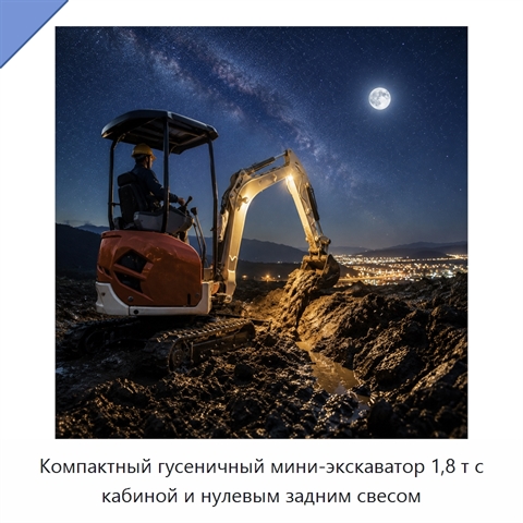 Компактный гусеничный мини-экскаватор 1,8 т с кабиной и нулевым задним свесом