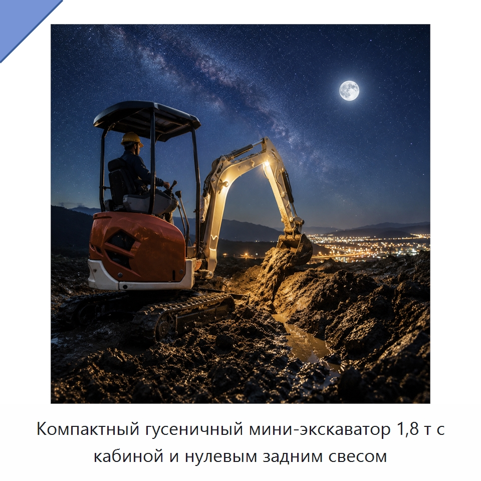 Компактный гусеничный мини-экскаватор 1,8 т с кабиной и нулевым задним свесом — Землеройная техника