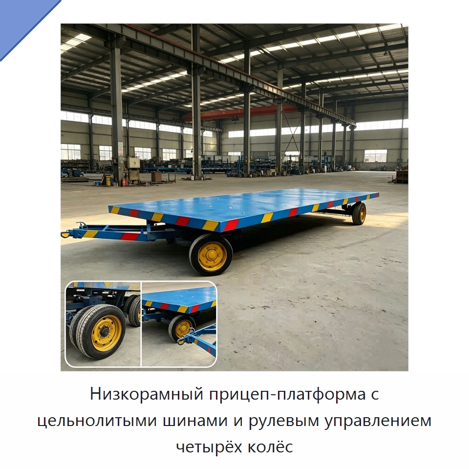 Низкорамный прицеп-платформа с цельнолитыми шинами и рулевым управлением четырёх колёс — Специальные машины и промышленное оборудование