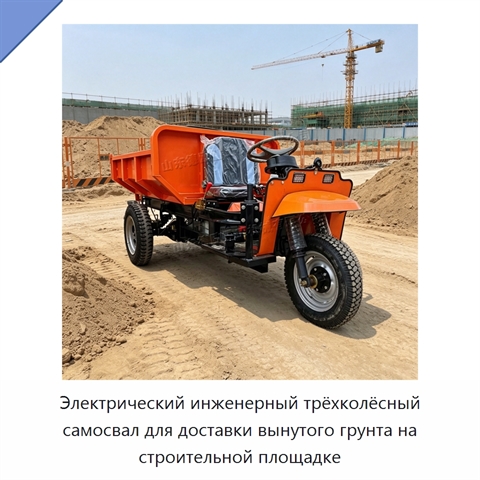 Электрический инженерный трёхколёсный самосвал для доставки вынутого грунта на строительной площадке