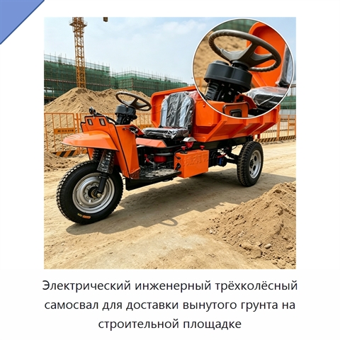 Электрический инженерный трёхколёсный самосвал для доставки вынутого грунта на строительной площадке