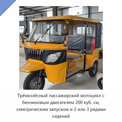 Трёхколёсный пассажирский мотоцикл с бензиновым двигателем 200 куб. см, электрическим запуском и 2 или 3 рядами сидений