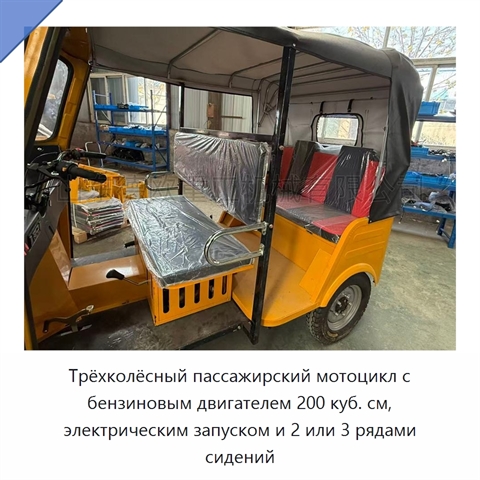 Трёхколёсный пассажирский мотоцикл с бензиновым двигателем 200 куб. см, электрическим запуском и 2 или 3 рядами сидений