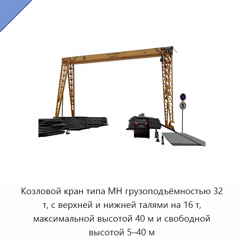 Козловой кран типа MH грузоподъёмностью 32 т, с верхней и нижней талями на 16 т, максимальной высотой 40 м и свободной высотой 5–40 м — Специальное подъемно-транспортное оборудование