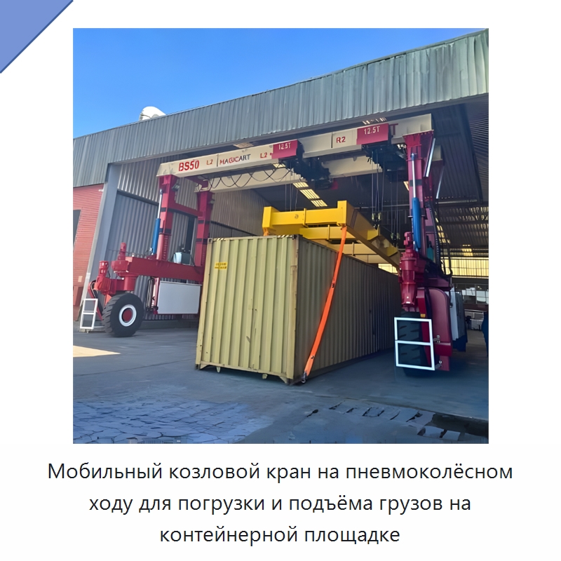 Мобильный козловой кран на пневмоколёсном ходу для погрузки и подъёма грузов на контейнерной площадке — Краны