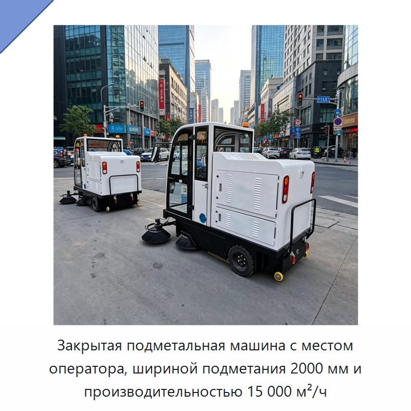 Закрытая подметальная машина с местом оператора, шириной подметания 2000 мм и производительностью 15 000 м²/ч — Коммунальная техника