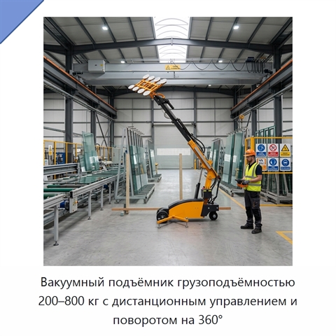 Вакуумный подъёмник грузоподъёмностью 200–800 кг с дистанционным управлением и поворотом на 360°