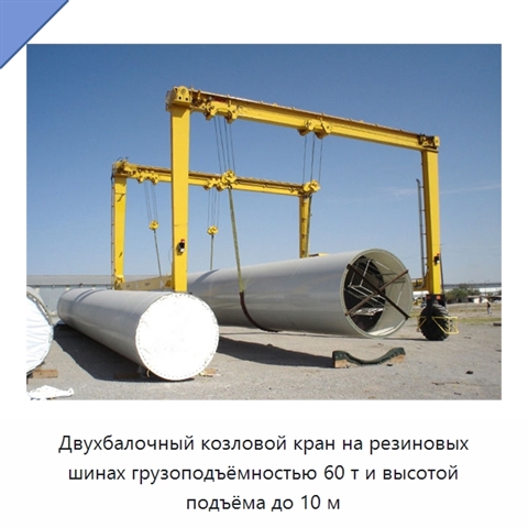 Двухбалочный козловой кран на резиновых шинах грузоподъёмностью 60 т и высотой подъёма до 10 м