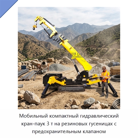 Мобильный компактный гидравлический кран-паук 3 т на резиновых гусеницах с предохранительным клапаном