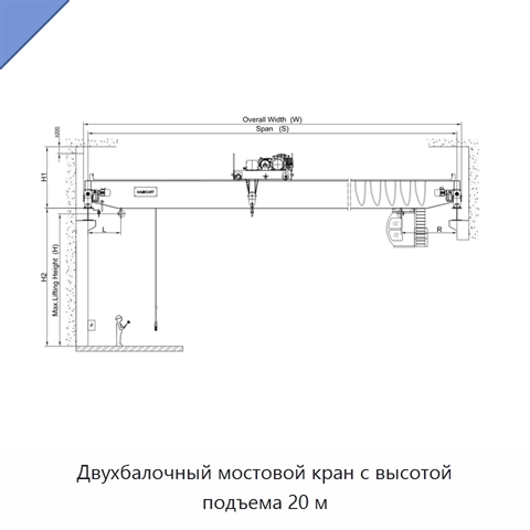 Двухбалочный мостовой кран с высотой подъема 20 м