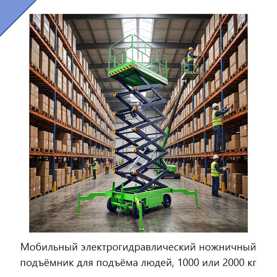 Мобильный электрогидравлический ножничный подъёмник для подъёма людей, 1000 или 2000 кг — Подъемные столы