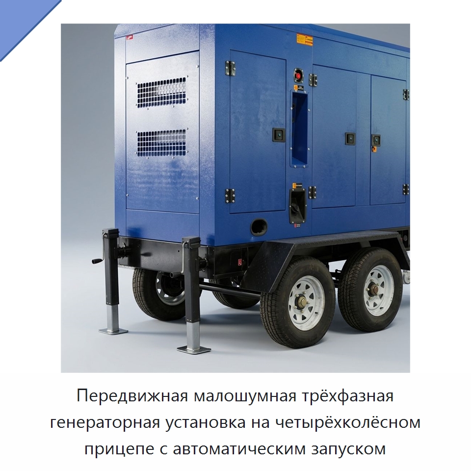 Передвижная малошумная трёхфазная генераторная установка на четырёхколёсном прицепе с автоматическим запуском — Дизельные генераторы