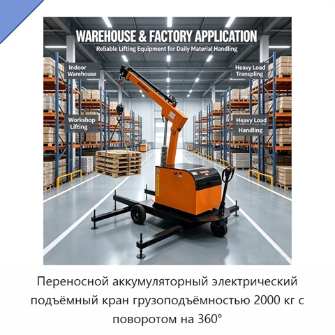 Переносной аккумуляторный электрический подъёмный кран грузоподъёмностью 2000 кг с поворотом на 360°