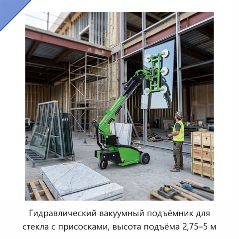 Гидравлический вакуумный подъёмник для стекла с присосками, высота подъёма 2,75–5 м