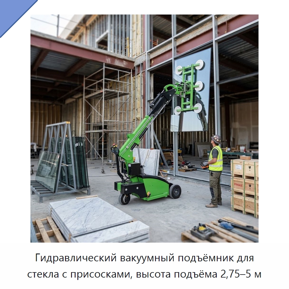 Гидравлический вакуумный подъёмник для стекла с присосками, высота подъёма 2,75–5 м — Вакуумные грузозахваты