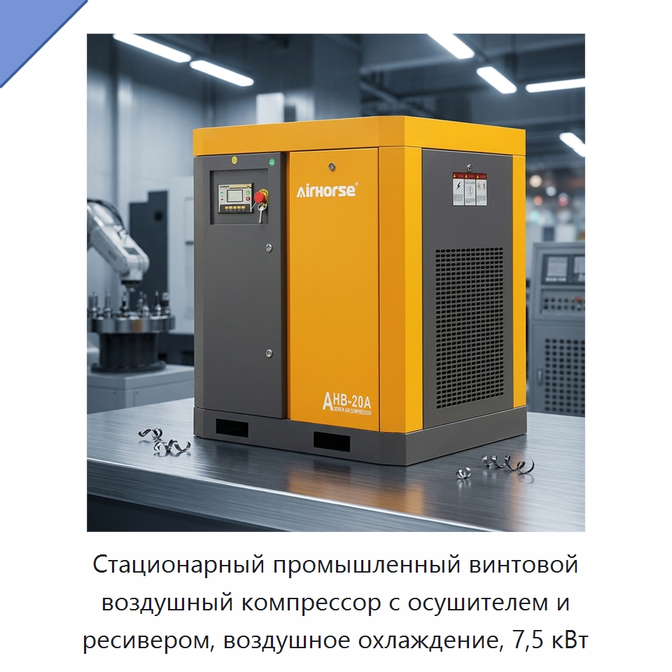 Стационарный промышленный винтовой воздушный компрессор с осушителем и ресивером, воздушное охлаждение, 7,5 кВт