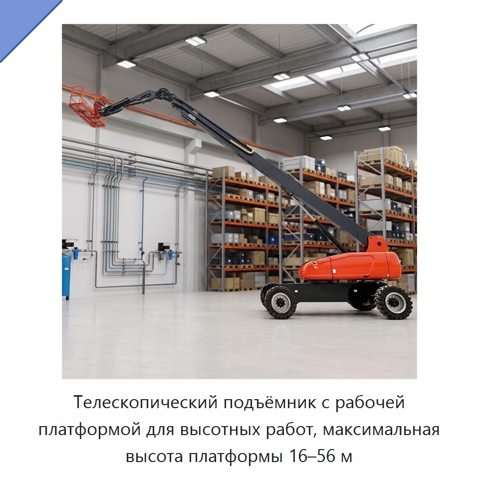 Телескопический подъёмник с рабочей платформой для высотных работ, максимальная высота платформы 16–56 м — Подъемные столы