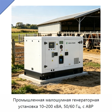 Промышленная малошумная генераторная установка 10–200 кВА, 50/60 Гц, с АВР
