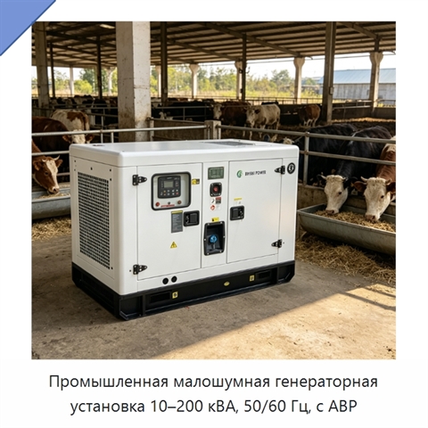 Промышленная малошумная генераторная установка 10–200 кВА, 50/60 Гц, с АВР