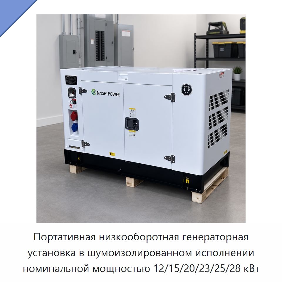 Портативная низкооборотная генераторная установка в шумоизолированном исполнении номинальной мощностью 12/15/20/23/25/28 кВт — Дизельные генераторы