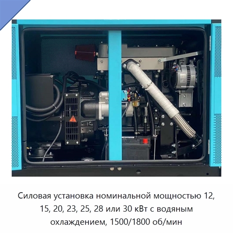 Силовая установка номинальной мощностью 12, 15, 20, 23, 25, 28 или 30 кВт с водяным охлаждением, 1500/1800 об/мин