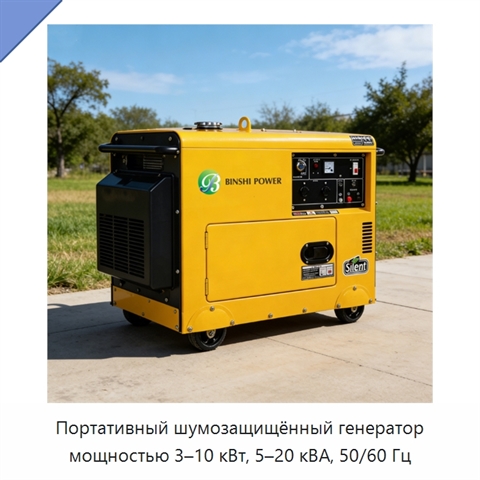 Портативный шумозащищённый генератор мощностью 3–10 кВт, 5–20 кВА, 50/60 Гц