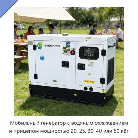 Мобильный генератор с водяным охлаждением и прицепом мощностью 20, 25, 30, 40 или 50 кВт