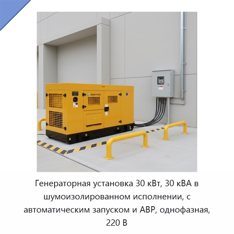 Генераторная установка 30 кВт, 30 кВА в шумоизолированном исполнении, с автоматическим запуском и АВР, однофазная, 220 В