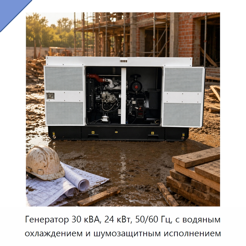 Генератор 30 кВА, 24 кВт, 50/60 Гц, с водяным охлаждением и шумозащитным исполнением — Дизельные генераторы