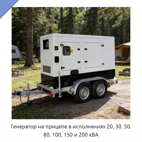 Генератор на прицепе в исполнениях 20, 30, 50, 80, 100, 150 и 200 кВА