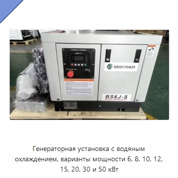 Генераторная установка с водяным охлаждением, варианты мощности 6, 8, 10, 12, 15, 20, 30 и 50 кВт