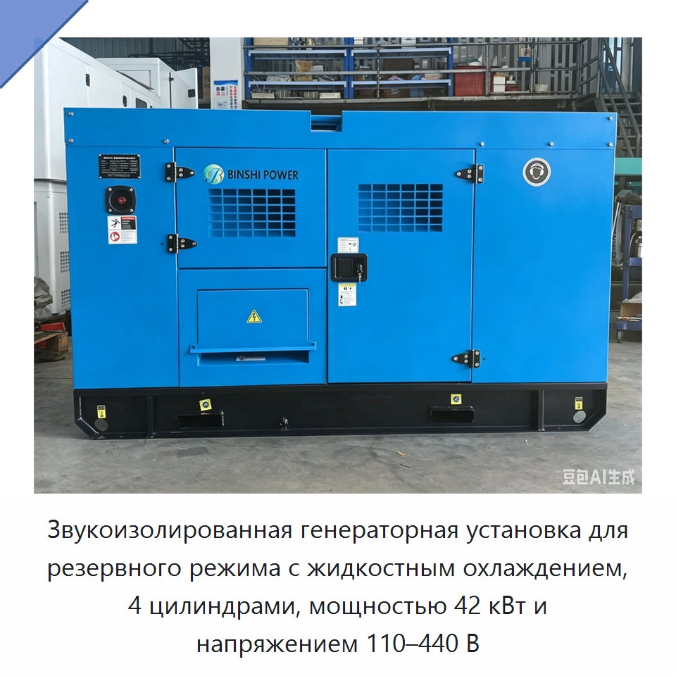 Звукоизолированная генераторная установка для резервного режима с жидкостным охлаждением, 4 цилиндрами, мощностью 42 кВт и напряжением 110–440 В — Дизельные генераторы