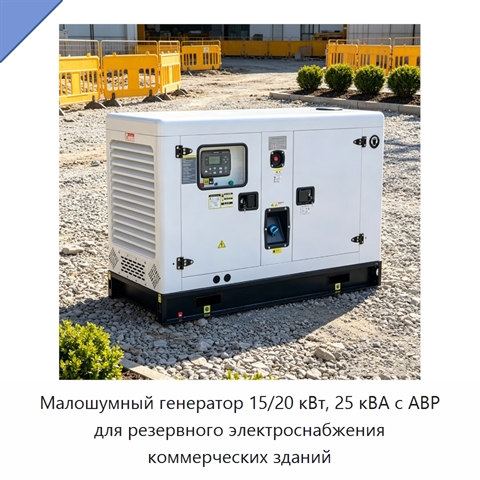 Малошумный генератор 15/20 кВт, 25 кВА с АВР для резервного электроснабжения коммерческих зданий