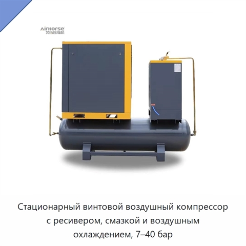 Стационарный винтовой воздушный компрессор с ресивером, смазкой и воздушным охлаждением, 7–40 бар