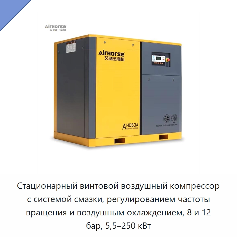 Стационарный винтовой воздушный компрессор с системой смазки, регулированием частоты вращения и воздушным охлаждением, 8 и 12 бар, 5,5–250 кВт — Промышленные компрессоры