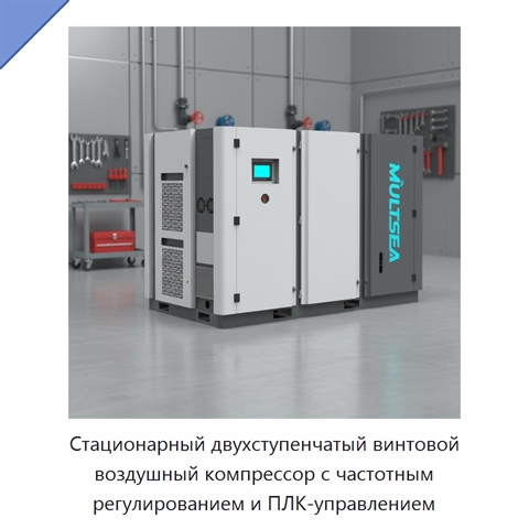 Стационарный двухступенчатый винтовой воздушный компрессор с частотным регулированием и ПЛК-управлением